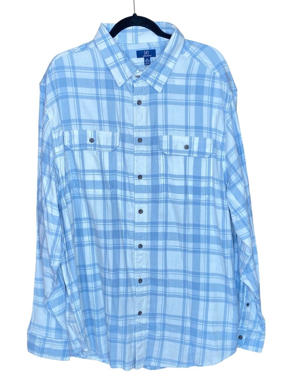 George Men's Button-Up Casual Shirt Light Blue Plaid NWT Long Sleeve Gorpcore 2X
